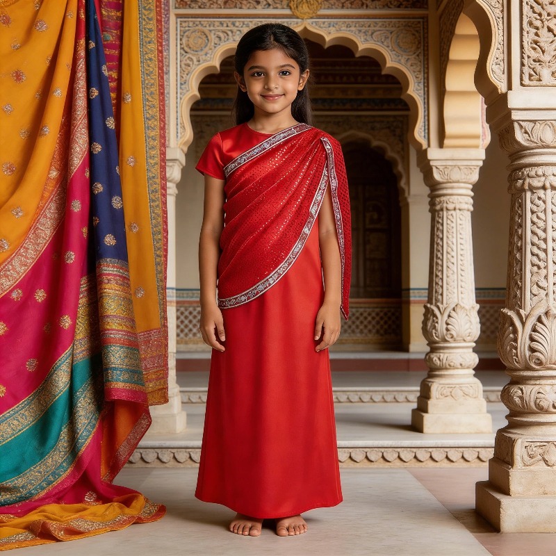 Ethnic Wear - Kızlar Hint Geleneksel Elbise Kırmızı Payet